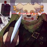  1:1 2021 angry anthro biped canid canine canis clothed clothing cu_sith_(tas) domestic_dog duo hi_res k_gutless kemono machine male mammal robot scarf teeth tokyo_afterschool_summoners video_games weapon 