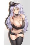  1girl azur_lane bare_shoulders black_bra black_legwear black_shorts black_tank_top blush bra bra_strap breasts cleavage collarbone commentary_request detached_collar eyebrows_visible_through_hair feet_out_of_frame fingernails hand_on_back hand_on_own_chest large_breasts long_hair looking_at_viewer mole mole_on_breast multicolored_hair nail_polish navel red_eyes shorts silver_hair solo standing tallinn_(azur_lane) tallinn_(nostalgic_pilsner)_(azur_lane) tank_top thighhighs underwear wejil white_background white_headwear 
