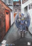  absurd_res alley anthro armor avian beak biped boots city clothed clothing footwear fully_clothed hair hi_res male murazaki muscular muscular_anthro muscular_male neck_tuft painting_(artwork) solo traditional_media_(artwork) tuft walking watercolor_(artwork) wings 