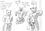  2021 absurd_res anthro balls beastars black_and_white canid canine canis crossgender dialogue english_text erection ffog flaccid ftm_crossgender genitals hi_res humanoid_genitalia humanoid_penis juno_(beastars) male mammal monochrome motion_lines muscular muscular_anthro muscular_male navel nude penis pubes simple_background solo standing text towel towel_drop white_background wolf 