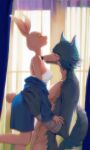  2021 3:5 anthro bandaged_arm beastars bra canid canine canis clothed clothed/nude clothing curtains detailed_background duo eyes_closed female haru_(beastars) hi_res inside lagomorph larger_male legoshi_(beastars) leporid lifting_partner male mammal nude partially_clothed rabbit size_difference smaller_female sora_(artist) underwear window wolf 