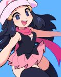  :d absurdres barrette beanie black_hair black_legwear black_shirt blue_background blue_eyes breasts cleavage_cutout clothing_cutout dawn_(pokemon) gro-ggy hair_ornament hat highres long_hair looking_at_viewer open_mouth outstretched_arms pink_scarf pink_skirt pleated_skirt pokemon pokemon_(game) pokemon_dppt scarf shirt sidelocks simple_background skirt sleeveless sleeveless_shirt smile thick_thighs thighs 