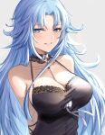  1girl arms_behind_back azur_lane bare_shoulders black_babydoll black_nightgown blue_eyes blue_hair blush breasts cleavage collarbone commentary_request detached_collar eyebrows_visible_through_hair grey_background lace_trim large_breasts lips long_hair looking_at_viewer nightgown simple_background sleepwear smile solo sovetskaya_belorussiya_(azur_lane) sovetskaya_belorussiya_(relaxation_stratagem)_(azur_lane) upper_body very_long_hair wejil 