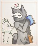  ? ambiguous_gender anthro black_body black_fur blue_eyes canid canine canis changed_(video_game) duo fur hikari_neow holding_object lin_(changed) looking_at_another male mammal mask puro_(changed) simple_background speech_bubble white_background white_body white_eyes white_fur wolf 
