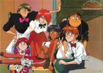  1990s_(style) 3boys 3girls aqua_eyes arm_support back bandeau black_eyes black_hair bow bowtie brown_hair character_name copyright_name dark_skin dark_skinned_female dress earrings eyeshadow freckles fushigi_no_umi_no_nadia grandis_granva grin hair_ornament hand_on_another&#039;s_shoulder hanson hoop_earrings indoors jean_roque_lartigue jewelry king_(nadia) kneeling leaning_back leaning_forward lipstick long_hair looking_at_viewer makeup marie_en_carlsberg multiple_boys multiple_girls nadia navel neck_ring necklace official_art puffy_sleeves red_hair red_lips retro_artstyle round_eyewear sanson scan short_hair short_sleeves sitting smile suspenders v 