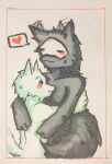  &lt;3 ambiguous_gender anthro black_body black_fur blue_eyes blush canid canine canis changed_(video_game) duo eyes_closed fur hikari_neow hug lin_(changed) male mammal puro_(changed) simple_background speech_bubble white_background white_body white_fur wolf 