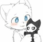  ambiguous_gender anthro black_body black_fur blue_eyes blush canid canine canis changed_(video_game) chano duo fur holding_character lin_(changed) male mammal mask open_mouth pawpads paws puro_(changed) simple_background size_difference white_background white_body white_eyes white_fur wolf 