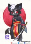  abstract_background anthro biped canid canine chibi clothed clothing fully_clothed fur hair hi_res holding_object holding_weapon katana looking_at_viewer male mammal melee_weapon murazaki painting_(artwork) paws simple_background smile solo standing sword traditional_media_(artwork) watercolor_(artwork) weapon 