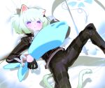  1boy absurdres androgynous animal_ears biker_clothes blush bulge cat_boy cat_ears cat_tail cravat earrings frilled_sleeves frills frown gloves green_hair half_gloves highres jewelry km_(ksolee1201) lio_fotia long_sleeves lying on_back pillow promare purple_eyes short_hair simple_background spread_legs stuffed_animal stuffed_fish stuffed_toy tail 