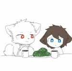  anthro beverage blue_eyes blush bodily_fluids breakfast brown_hair canid canine canis changed_(video_game) chano coffee dr._k_(changed) dumplings duo food fur furniture hair human lin_(changed) male mammal plant red_eyes sad simple_background table tears vegetable white_background white_body white_fur wolf 
