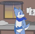  anthro bed bedroom blue_body blue_scales bodily_fluids building drooling english_text female furniture genitals happy hi_res house kobold lazuli_(ritzcat) pillow pussy ritzcat saliva scales solo standing text white_body white_scales 