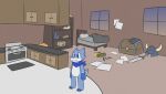  anthro bed blue_body blue_eyes blue_scales building female furniture house kitchen kobold lazuli_(ritzcat) ritzcat scales solo standing white_body white_scales 