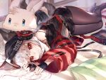  1girl :&lt; animal_ears arknights bag bangs bare_shoulders bed_sheet black_gloves black_headwear black_skirt blush brown_legwear closed_mouth commentary eyebrows_visible_through_hair fingerless_gloves fox_ears fox_girl fox_tail frostleaf_(arknights) gloves headphones highres jacket long_hair looking_at_viewer lying miniskirt nail_polish navel ninjinshiru no_shoes off_shoulder on_bed on_side open_clothes open_jacket oripathy_lesion_(arknights) pantyhose pillow red_eyes red_jacket red_nails silver_hair skirt smile solo stuffed_animal stuffed_bunny stuffed_toy symbol_commentary tail 