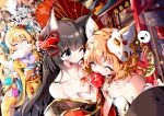  5girls aloe_(kenkou3733) animal_ear_fluff animal_ears architecture bare_shoulders black_hair blonde_hair blush candy_apple cat_mask collarbone commentary_request east_asian_architecture eating food japanese_clothes kimono low_neckline multiple_girls off-shoulder_kimono oil-paper_umbrella red:_pride_of_eden smile umbrella 