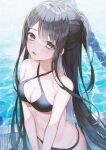  bangs banned_artist bikini black_bikini black_hair blue_eyes blush duplicate eyebrows_visible_through_hair highres hinaki_(hinaki_0102) long_hair looking_at_viewer open_mouth original pool side_ponytail sidelocks swimsuit very_long_hair water 