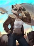  5_fingers aircraft airship anthro belt black_nose bottomwear breasts cheek_tuft clothed clothing cloud crop_top day detailed_background facial_tuft female fingerless_gloves fingers fluffy fluffy_tail fully_clothed fur gesture gloves grey_body grey_fur hand_on_hip handwear head_tuft inner_ear_fluff jacket koul mammal midriff navel outside pants pawpads pink_pawpads procyonid raccoon robin_raccoon salute shirt signature sky smile solo topwear tuft whiskers 