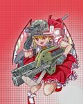  1girl aliens backpack bag bangs blonde_hair bobby_socks camera character_name colonial_marine crystal english_text fangs flandre_scarlet flashlight frilled_skirt frilled_sleeves frills frown full_metal_jacket gloves green_gloves grey_headwear gun headset heart helmet highres holding holding_gun holding_weapon leg_up looking_at_viewer m41a_pulse_rifle mary_janes medium_skirt nakamura_3sou neck_ribbon open_mouth peace_symbol puffy_short_sleeves puffy_sleeves red_background red_eyes red_footwear red_shirt red_skirt ribbon salute scarlet_devil_mansion shirt shoes short_hair short_sleeves shotgun single_horizontal_stripe skirt skirt_set skull_and_crossbones socks solo standing standing_on_one_leg tally touhou trigger_discipline weapon weapon_on_back white_legwear wings yellow_neckwear 