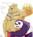  2021 anthro brown_body brown_fur bulge clothing duo english_text fur giant_panda grope hair hi_res humanoid_hands itazura_igen male male/male mammal nipples overweight overweight_male purple_body purple_fur purple_hair simple_background text underwear ursid white_background white_body white_fur 