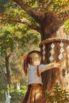  1girl brown_hair brown_skirt bunny closed_eyes commentary dappled_sunlight detached_sleeves fjsmu forest highres light_smile long_sleeves nature object_hug original outdoors parted_lips pleated_skirt ponytail rope shide shimenawa shirt short_hair skirt solo standing sunlight tree white_shirt 