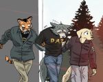  5:4 anthro arrest arrested beastars bill_(beastars) canid canine canis clothed clothing dat_(artist) domestic_dog english_text felid go_to_horny_jail humor jack_(beastars) legoshi_(beastars) male mammal meme outside pantherine plant police text tiger tree trio wolf 
