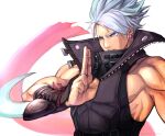  1boy arm_blade blade chipp_zanuff earrings fingernails grey_hair guilty_gear guilty_gear_strive hand_gesture jewelry male_focus muscular muscular_male ninja parted_lips purple_eyes simple_background single_earring smile solo torn torn_clothes tsuna_(akmu8832) twitter_username upper_body weapon white_background zipper 