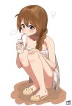  1girl animal_slippers baba_konomi bangs bare_arms bare_legs bare_shoulders bendy_straw blue_eyes blush bottle braid brown_footwear brown_hair cat_slippers collarbone commentary dated drinking drinking_straw eyebrows_visible_through_hair full_body hair_between_eyes hair_over_shoulder highres holding holding_bottle idolmaster idolmaster_million_live! idolmaster_million_live!_theater_days knees_up long_hair milk_bottle myeolchi naked_towel signature single_braid slippers solo squatting sweat towel white_background wooden_floor 