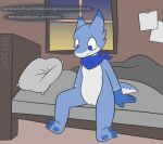  anthro bed bedroom blue_body blue_eyes blue_scales building english_text feet female furniture genitals hindpaw house kobold lazuli_(ritzcat) paws pussy ritzcat scales sitting solo text white_body white_scales 