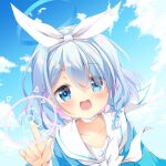 1girl :d arona_(blue_archive) bangs blue_archive blue_eyes blue_hair blue_shirt blue_sky blush bow braid choker cloud cloudy_sky collarbone commentary_request day eyebrows_visible_through_hair eyes_visible_through_hair hair_over_one_eye hair_ribbon hairband hand_up highres looking_at_viewer multicolored_hair natsuki_yuu_(amemizu) open_mouth outdoors pink_hair ribbon sailor_collar school_uniform serafuku shirt sky smile solo two-tone_hair upper_body upper_teeth white_bow white_choker white_hairband white_ribbon white_sailor_collar 