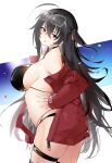  1girl artist_name azur_lane bikini black_bikini black_hair black_legwear breasts eyebrows_visible_through_hair eyewear_on_head hair_ornament hand_on_own_stomach highres hoerutarou jacket large_breasts long_hair looking_at_viewer open_clothes open_jacket race_queen red_eyes red_jacket simple_background solo standing swimsuit swimwear taihou_(azur_lane) taihou_(enraptured_companion)_(azur_lane) thighhighs tongue tongue_out 