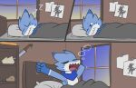  2021 anthro bed bedroom blue_body blue_eyes blue_scales breath clenched_fists cute_expression cute_eyes cute_face english_text female furniture gesture handshake kobold lazuli_(ritzcat) nap open_mouth pillow relaxing resting ritzcat scales shaking sleeping solo sound_effects teeth text trembling white_body white_scales zzz 