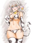  1girl akimoto_dai animal_ears animal_print bikini blue_eyes breasts cow_ears cow_horns cow_print cow_tail dated ear_tag elbow_gloves fake_animal_ears fake_horns front-tie_top gloves groin highres horns kantai_collection kashima_(kancolle) large_breasts looking_at_viewer one-hour_drawing_challenge side-tie_bikini sidelocks silver_hair smile solo standing swimsuit tail thighhighs twintails twitter_username wavy_hair white_bikini white_gloves white_legwear 