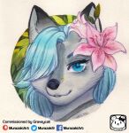  accessory anthro canid canine clothed clothing female flower flower_in_hair fur hair hair_accessory hi_res looking_at_viewer mammal murazaki painting_(artwork) plant portrait smile snout_piercing solo traditional_media_(artwork) watercolor_(artwork) 