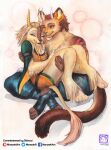  abstract_background absurd_res anthro biped carrying clothed clothing duo eyes_closed female fur hair hi_res male murazaki one_eye_closed open_mouth painting_(artwork) sitting smile topless traditional_media_(artwork) unknown_species watercolor_(artwork) 