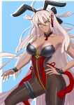  1girl animal_ears bare_arms bare_shoulders blush bow breasts bunny_ears choker cleavage dark_skin dark_skinned_female eyebrows_visible_through_hair fake_animal_ears fate/grand_order fate_(series) hair_bow hair_ornament hand_on_hip highres koha-ace long_hair medium_breasts nyantamaran okita_souji_(alter)_(fate) okita_souji_(fate)_(all) pantyhose playboy_bunny simple_background solo solo_focus tan thigh_strap thighs very_long_hair white_hair wristband yellow_eyes 