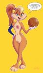 anthro blonde_hair blue_eyes breasts clothing dazzlekong female flat_chested genitals gloves gloves_only hair handwear handwear_only hi_res lagomorph leporid lola_bunny looking_at_viewer looney_tunes mammal mostly_nude nipples nude pussy rabbit simple_background small_breasts solo space_jam text warner_brothers 