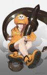  1girl anchor bandages black_shorts brown_eyes brown_hair closed_mouth collarbone film_grain gradient gradient_background guilty_gear guilty_gear_strive hair_between_eyes hat hat_ornament highres holding holding_anchor holding_weapon hood hood_down hoodie long_hair looking_at_viewer may_(guilty_gear) orange_footwear orange_headwear orange_hoodie shorts skull_hat_ornament smile solo tsuna_(akmu8832) twitter_username weapon 