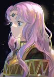  1girl bangs blue_eyes circlet fire_emblem fire_emblem:_thracia_776 highres kyufe light_rays long_hair looking_to_the_side parted_bangs portrait purple_hair sara_(fire_emblem) simple_background solo solo_focus wavy_hair 