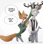  alternate_species anthro beastars brown_body brown_fur canid canine canis cervid cervine creamyofficial english_text fur grey_body horn humor legoshi_(beastars) louis_(beastars) male mammal text wolf 