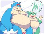  2021 anthro balls blue_body blush duo felid feline flaccid genitals green_body hi_res humanoid_hands kemono kusosensei male mammal moobs nipples obese obese_male overweight overweight_male penis young 
