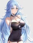  1girl arms_behind_back azur_lane bare_shoulders black_babydoll black_nightgown blue_eyes blue_hair blush breasts cleavage collarbone commentary_request covered_navel detached_collar eyebrows_visible_through_hair garter_straps grey_background lace_trim large_breasts lips long_hair looking_at_viewer nightgown simple_background sleepwear smile solo sovetskaya_belorussiya_(azur_lane) sovetskaya_belorussiya_(relaxation_stratagem)_(azur_lane) upper_body very_long_hair wejil 
