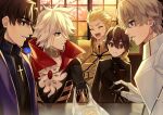  5boys armor bag bangs black_gloves blonde_hair blue_eyes brown_eyes brown_hair cake cherry_blossoms choker cross eyebrows_visible_through_hair fate/extra fate/extra_ccc fate_(series) food gauntlets gawain_(fate) gem gilgamesh gloves hair_between_eyes indoors jewelry karna_(fate) karokuchitose kishinami_hakuno_(male) kotomine_kirei laughing male_focus multiple_boys plastic_bag popped_collar school_uniform single_earring surprised swiss_roll white_hair window 