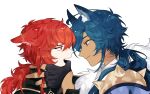  2boys animal_ear_fluff animal_ears annoyed black_gloves blue_eyes blue_hair cat_ears closed_mouth commentary_request dark_skin dark_skinned_male diluc_(genshin_impact) dl_mask ears_back eye_contact face face-to-face fang feather_boa finger_in_mouth from_side genshin_impact gloves half-closed_eyes kaeya_(genshin_impact) kemonomimi_mode korean_commentary light_smile long_hair looking_at_another male_focus multiple_boys multiple_sources open_mouth partially_fingerless_gloves ponytail profile red_eyes red_hair shiny shiny_hair simple_background skin_fang spikes white_background wolf_ears 