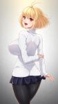  1girl :d antenna_hair arcueid_brunestud arm_behind_back ass back bangs black_legwear blonde_hair blue_skirt blush breasts cowboy_shot crossed_legs eyebrows_visible_through_hair from_behind gradient gradient_background highres holding_own_arm impossible_clothes impossible_sweater kemurin large_breasts looking_at_viewer looking_back miniskirt open_mouth pantyhose pleated_skirt red_eyes shiny shiny_clothes shiny_legwear short_hair skirt slit_pupils smile solo standing sweater tsukihime tsukihime_(remake) turtleneck turtleneck_sweater white_sweater 