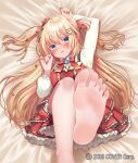  1girl akai_haato arm_up bangs bare_legs barefoot bed_sheet blonde_hair blue_eyes blush bow bowtie commentary_request dress eyebrows_visible_through_hair feet foot_focus foreshortening frilled_dress frills hair_between_eyes hair_ornament hair_ribbon hairclip hand_up heart heart_hair_ornament hololive long_hair long_sleeves looking_at_viewer lying magowasabi nail_polish official_art on_back parted_lips red_bow red_bowtie red_eyes red_nails red_ribbon ribbon soles solo tearing_up toes two_side_up very_long_hair virtual_youtuber x_hair_ornament 