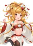  1girl :d animal_ears bangle bangs black_footwear blonde_hair blush bracelet brown_legwear collarbone detached_sleeves eyebrows_visible_through_hair granblue_fantasy harvin highres jewelry long_sleeves mahira_(granblue_fantasy) navel open_mouth platform_boots ponytail red_bandeau red_eyes shiao simple_background smile solo standing standing_on_one_leg thighhighs thighhighs_under_boots white_background white_sleeves wide_sleeves 