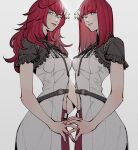  2girls act_(a_moso) bangs belt blunt_bangs closed_mouth devola dress eyebrows_visible_through_hair film_grain fingernails flower frills green_eyes grey_background hair_between_eyes hair_flower hair_ornament highres long_hair multiple_girls nier nier_(series) parted_lips popola red_hair siblings simple_background smile twins white_dress white_flower 