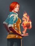  1girl casting_spell fingerless_gloves fire gloves green_eyes hair_bun holding_flame looking_at_viewer looking_back orange_hair pants shunkaku spell the_witcher the_witcher_3 triss_merigold 