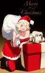  1girl :d bare_arms bare_shoulders blonde_hair blue_eyes breasts christmas_gift cleavage commentary english_commentary florida-chan_(ryusei_hashida) hat highres holding holding_sack kneeling large_breasts looking_at_viewer medium_hair merry_christmas one_eye_closed open_mouth original pantyhose red_headwear red_legwear red_shirt red_skirt ryusei_hashida sack santa_costume santa_hat shirt skirt smile solo 
