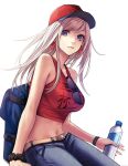  1girl applekun bag bangs bare_shoulders baseball_cap belt blue_eyes blue_pants bottle breasts brown_belt commentary_request crop_top earrings eyewear_removed fate/grand_order fate_(series) hat holding holding_bottle jewelry large_breasts long_hair looking_at_viewer miyamoto_musashi_(fate) navel pants red_headwear red_shirt scrunchie shirt sitting solo sunglasses water_bottle white_hair wrist_scrunchie 