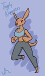  2020 3:5 anthro blue_background bottomwear breasts clothed clothing female macropod mammal marsupial pants simple_background solo toony training_bra wurzzie yoga_pants 